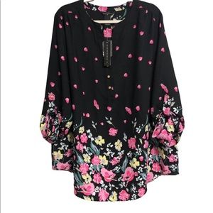 Investments II Women's 3X Black Floral Pull Over Blouse NWT